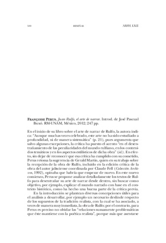 Reseña del libro: Françoise Perus, Juan Rulfo, el arte de narrar. Introd. de José Pascual Buxó. RM-UNAM, México, 2012 ; 247 pp. Miniatura