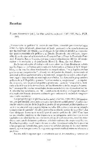 Reseña del libro: Pierre Birnbaum, ed. Les élites socialistes au pouvoir 1981-1985. París, PUF, 1985 Miniatura