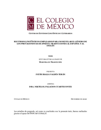 Recursos lingüísticos empleados para no revelar el género de los protagonistas de sphinx traducciones al español y al inglés. Iveth Iralia Valdés Terán Miniatura