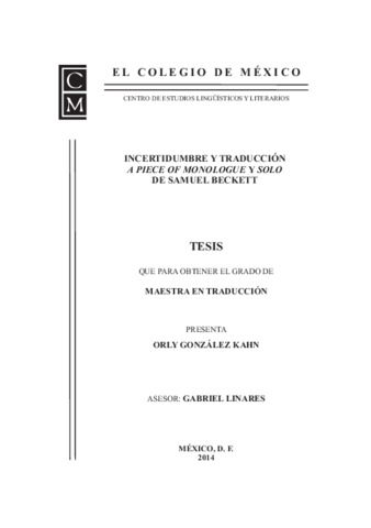 Incertidumbre y traducción: A piece of monologue y Solo de Samuel Beckett Miniatura