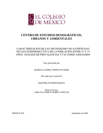 Caracterización de las necesidades no satisfechas de salud reproductiva de la población entre 15 y 19 años: análisis de prevalencias y factores asociados Miniatura