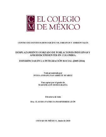 Desplazamiento forzado de poblaciones indígenas y afrodescendientes en Colombia : diferencias en la integración social (2005-2016) thumbnail