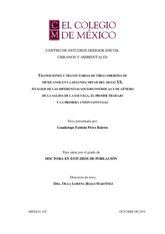 Transiciones y trayectorias de tres cohortes de mexicanos en la segunda mitad del siglo XX: análisis de las diferencias socioeconómicas y de género de la salida de la escuela, el primer trabajo y la primera unión conyugal Miniatura