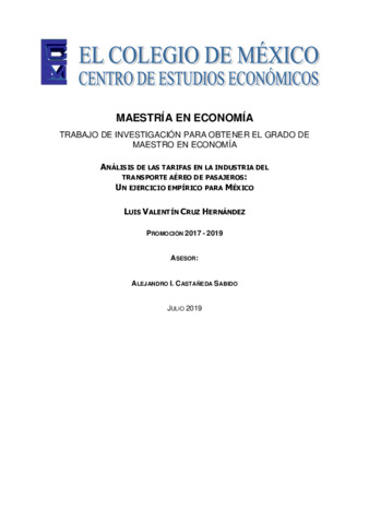 Análisis de las tarifas en la industria del transporte aéreo de pasajeros : un ejercicio empírico para México Miniatura