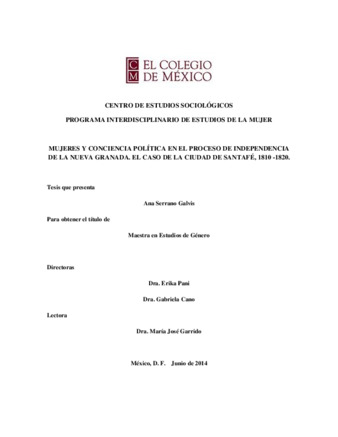 Mujeres y conciencia política en el proceso de independencia de la Nueva Granada: el caso de la Ciudad de Santafé, 1810-1820 thumbnail