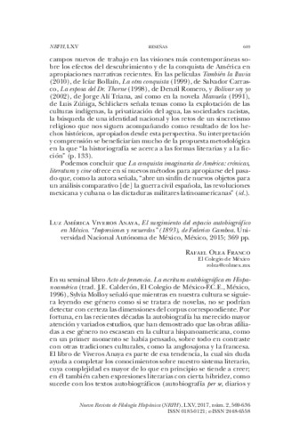 Reseña del libro: Luz América Viveros Anaya, El surgimiento del espacio autobiográfico en México. “Impresiones y recuerdos” (1893), de Federico Gamboa. Universidad Nacional Autónoma de México, México, 2015; 369 pp. Miniatura