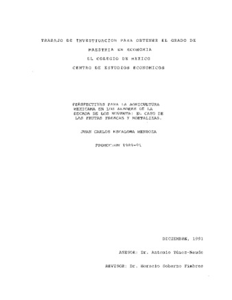 Perspectivas para la agricultura mexicana en los albores de la década de los noventa: el caso de las frutas frescas y hortalizas thumbnail