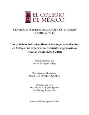 Las prácticas anticonceptivas de las mujeres residentes en México con experiencias o vínculos migratorios a Estados Unidos (2013-2018) thumbnail