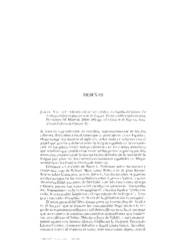 Reseña del libro: José del Valle y Luis Gabriel-Stheeman (eds.). La batalla del idioma : la intelectualidad hispánica ante la lengua. Frankfurt/M. :Madrid : Vervuert-Iberoamericana, 2004. 282 p. (La casa de la riqueza. Estudios de cultura de España ; 4). Miniatura