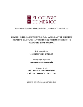 Relación entre el aislamiento social, la soledad y el deterioro cognitivo en adultos mayores en México según condición de residencia rural o urbana Miniatura