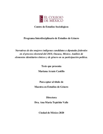 Narrativas de dos mujeres indígenas candidatas a diputadas federales en el proceso electoral del 2018, Oaxaca, México : análisis de elementos identitarios étnicos y de género en su participación política Miniatura