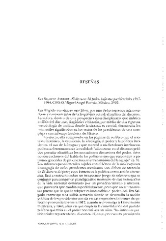 Reseña del libro: Eva Salgado Andrade. El discurso del poder : informes presidenciales [en México], 1917-1946. México : CIESAS : Miguel Ángel Porrúa, 2003. Miniatura