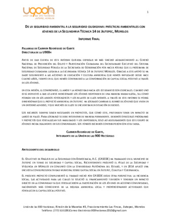 De la seguridad a la seguridad ciudadana : prácticas ambientales con jóvenes de la Secundaria Técnica 14 Jiutepec, Morelos : informe final Miniatura