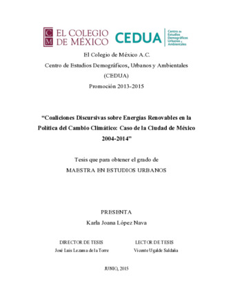 Coaliciónes discursivas sobre energías renovables en la política del cambio climático: caso de la Ciudad de México, 2004-2014 Miniatura