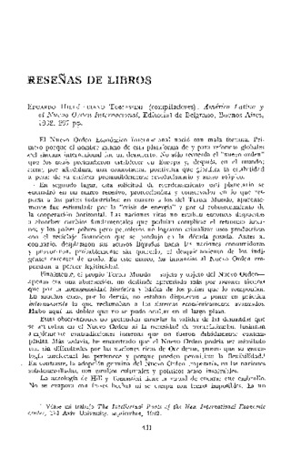 Reseña del libro: Eduardo Hill-Luciano Tomassini (comp.). América Latina y el nuevo orden internacional. Buenos Aires : Editorial de Belgrano, 1982. 297 p. Miniatura