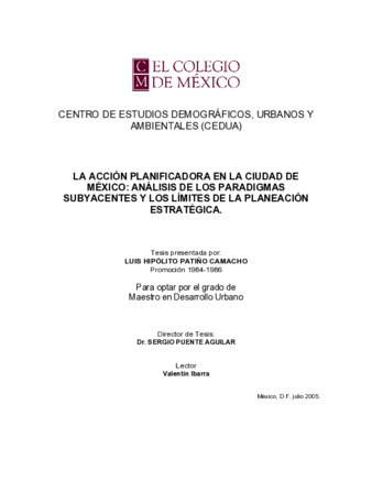 La acción planificadora en la ciudad de México: análisis de los paradigmas subyacentes y los límites de la planeación estratégica Miniatura