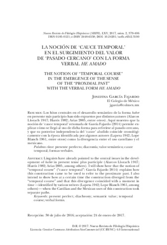 La noción de ‘cauce temporal’ en el surgimiento del valor de ‘pasado cercano’ con la forma verbal he amado Miniatura