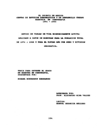 Método de tablas de vida económicamente activa: aplicado a datos de Honduras para la población total de 1974 y 1988 y para el último año por sexo y división geográfica Miniatura