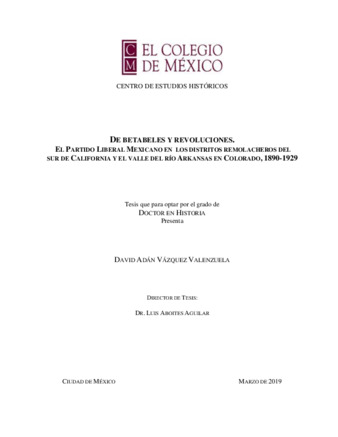 De betabeles y revoluciones : el Partido Liberal Mexicano en los distritos remolacheros del sur de California y el Valle del Rio Arkansas en Colorado, 1890-1929 Miniatura