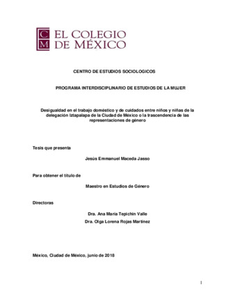 Desigualdad en el trabajo doméstico y de cuidados entre niños y niñas de la delegación Iztapalapa de la Ciudad de México o la trascendencia de las representaciones de género Miniatura