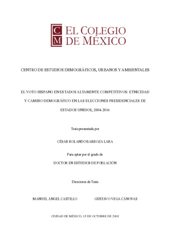 El voto hispano en estados altamente competitivos : etnicidad y cambio demográfico en las elecciones presidenciales de Estados Unidos, 2004-2016 Miniatura