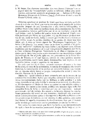 Reseña del libro: S. M. Stern. Les chansons mozarabes : Les vers finaux ("kharjas") en espagnol dans les "muwashshahs" arabes et hébreux. Édités avec introduction, annotation sommaire et glossaire par... Istituto di Filologia Romanza. Palermo, Italia : Università di Palermo, [1953]. (Collezione di testi a cura di Ettore Li Gotti ; 1) Miniatura