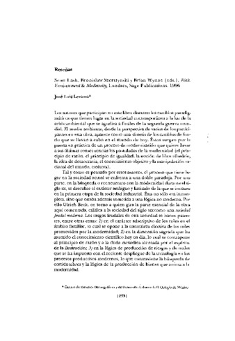 Reseña del libro: Scott Lash, Bronislaw Szerszynski y Brian Wynne (eds.). Risk environment [and] modernity. Londres : Sage Publications, 1996. Miniatura