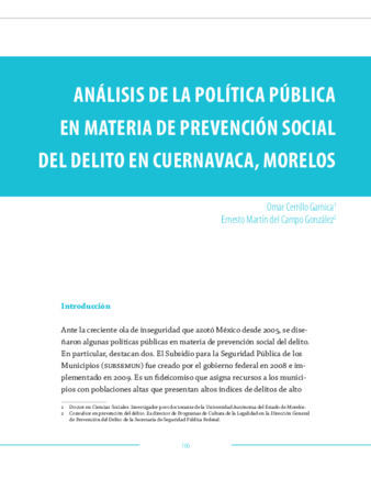 Análisis de la política pública en materia de prevención social del delito en Cuernavaca, Morelos Miniatura